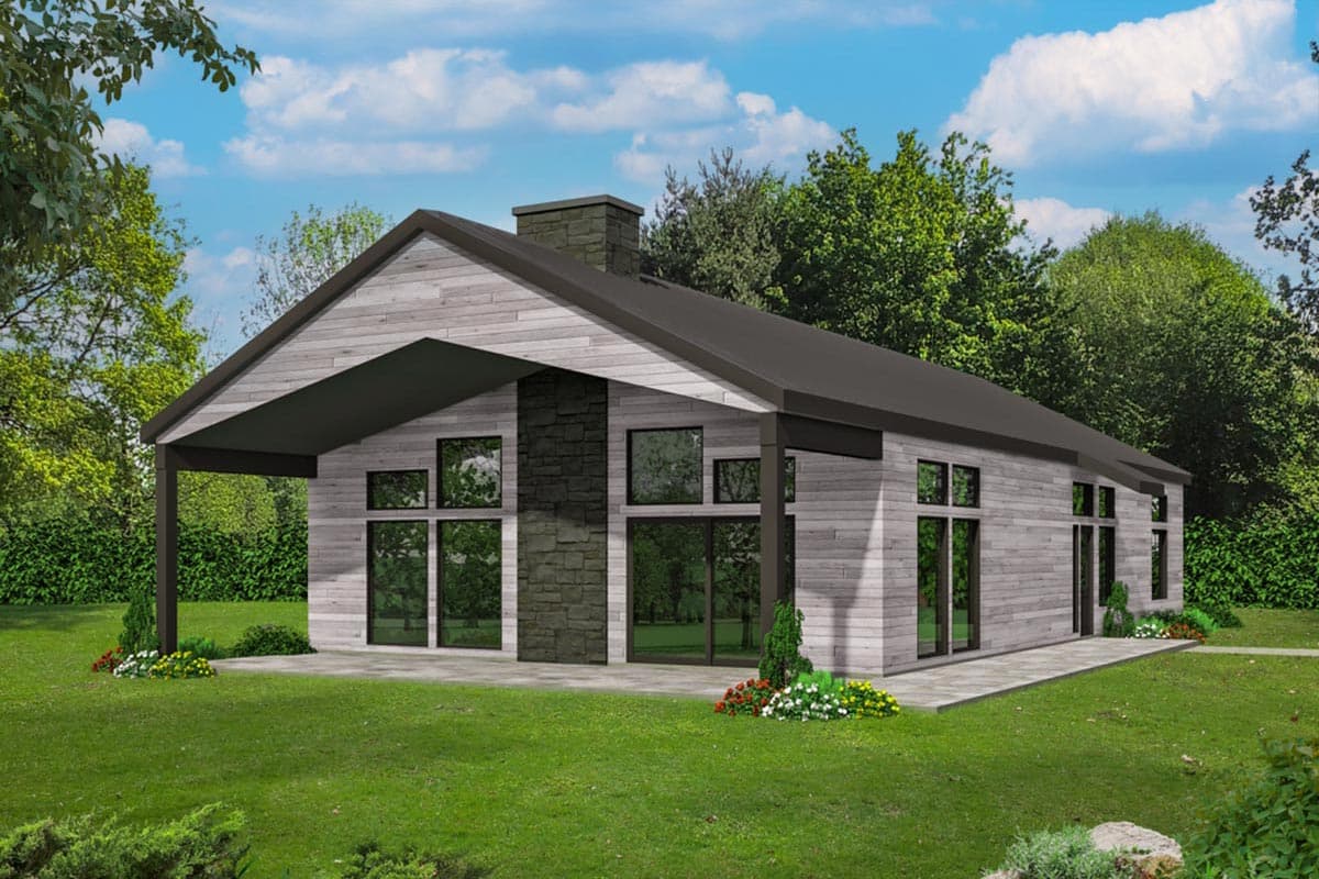 House plan exterior with modern style, featuring a single story, shed roof, covered porch, and stone-clad chimney.