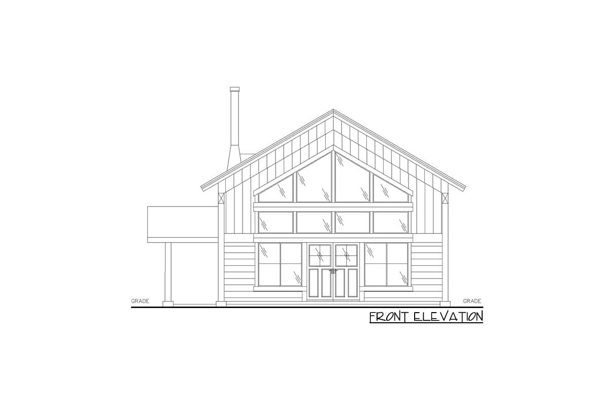 Front elevation house plan with a steeply pitched roof, prominent gables, a central double door, and extensive floor-to-ceiling windows.