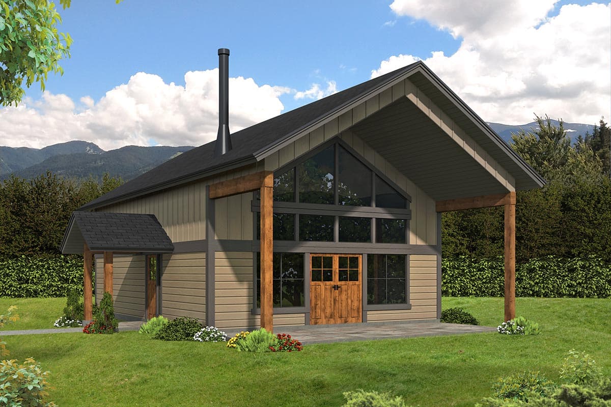 House plan exterior. One-story structure with a gable roof, covered porch, and large triangular window. Features wooden support beams and a chimney.