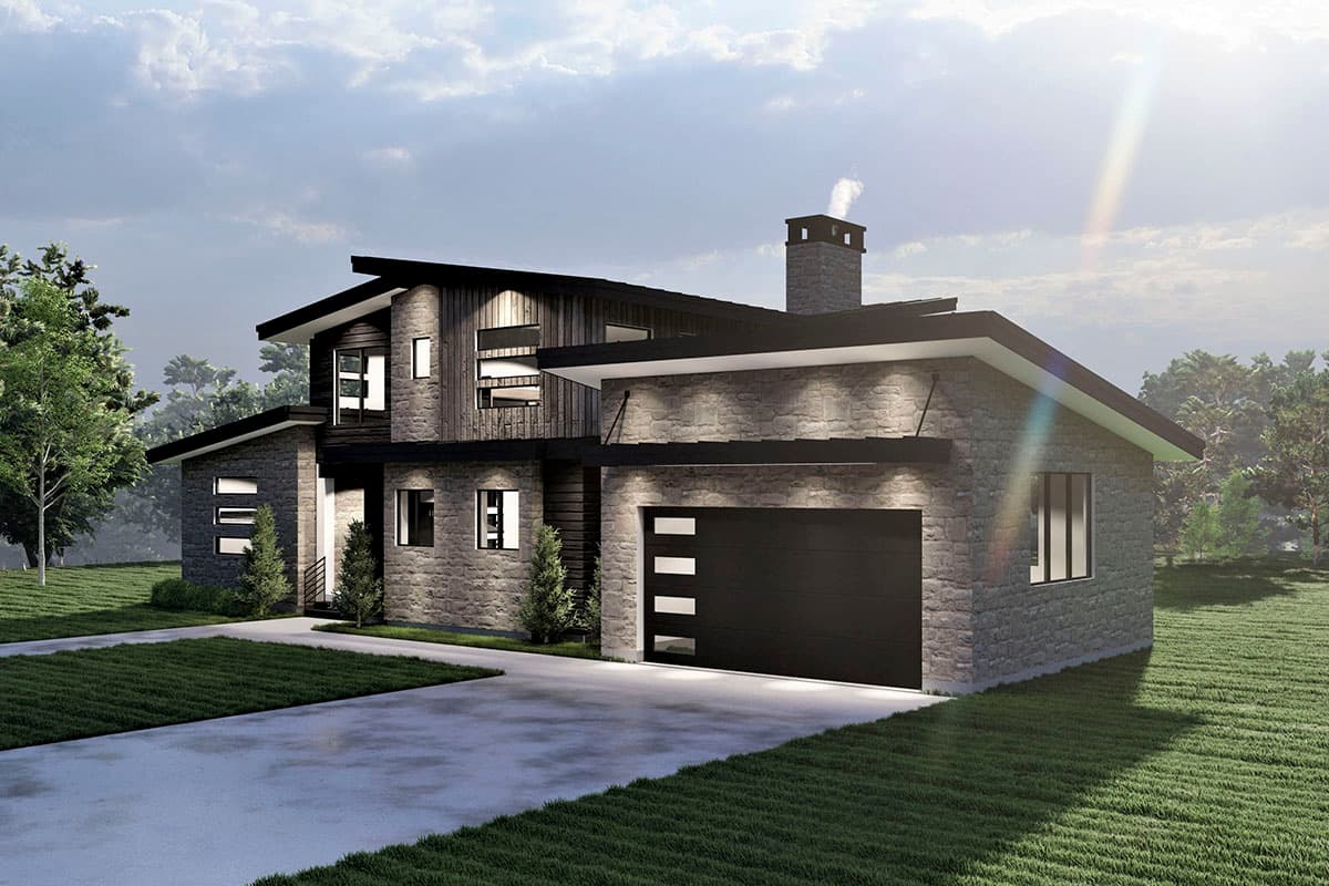 Modern two-story house plan exterior with stone facade, wood accents, flat rooflines, and a contemporary garage door.