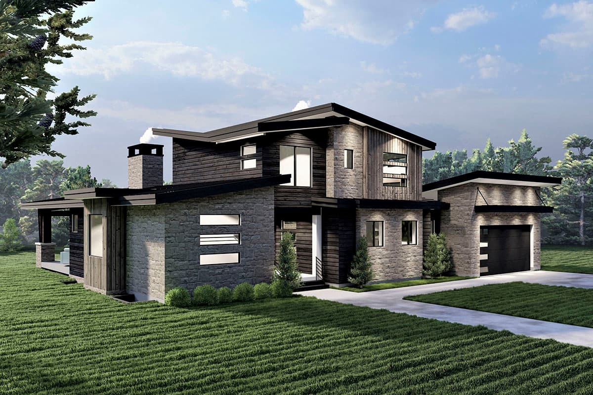 Modern two-story house plan exterior with stone and wood siding, flat rooflines, and an attached garage.