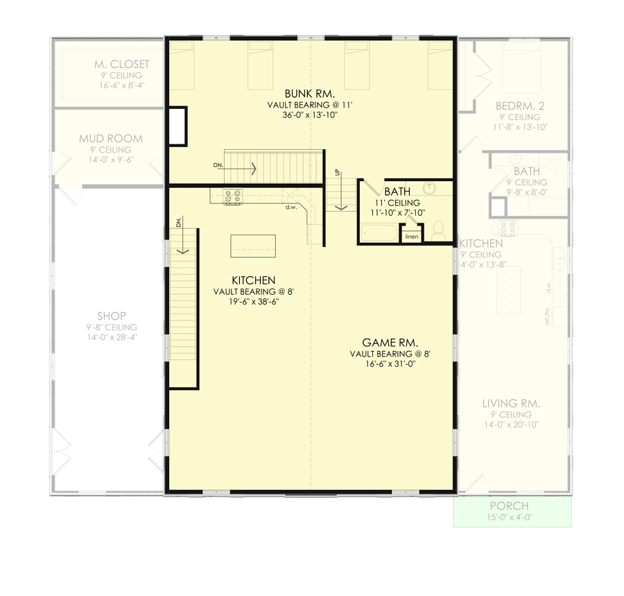 Plan 490071NAH: Barndominium-Style House Plan with Two Kitchens and Upstairs Game and Bunk Rooms - Floor Plan - 2nd Floor - Barndominium, Country, Rustic, Vacation