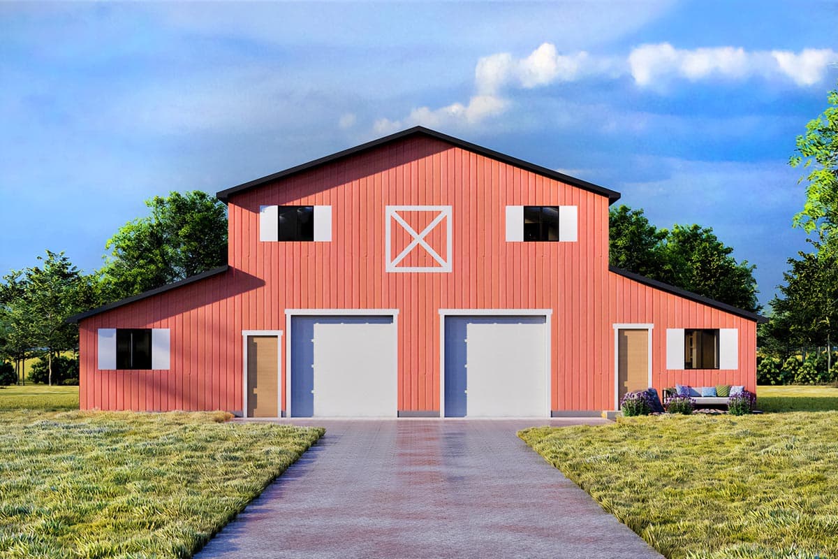 House plan exterior: Two-story barn-style structure with two garage doors, side door, and multiple windows.