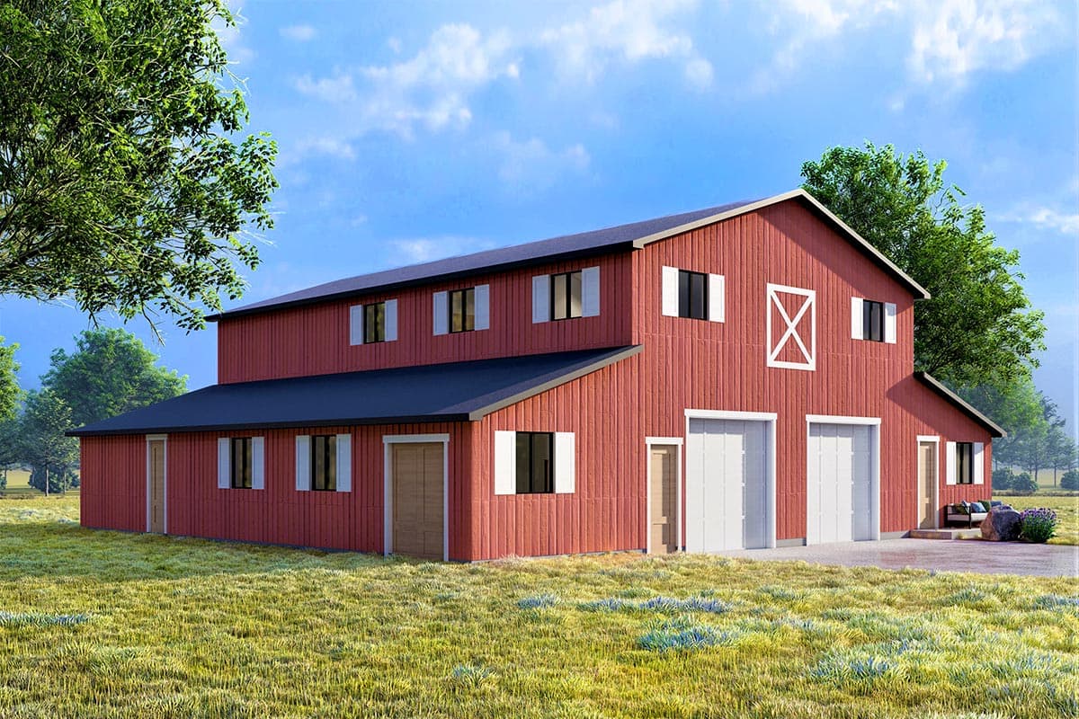 House plan exterior. Two-story barn style building with a gable roof, multiple windows with white shutters, and garage doors. Includes a side entry.