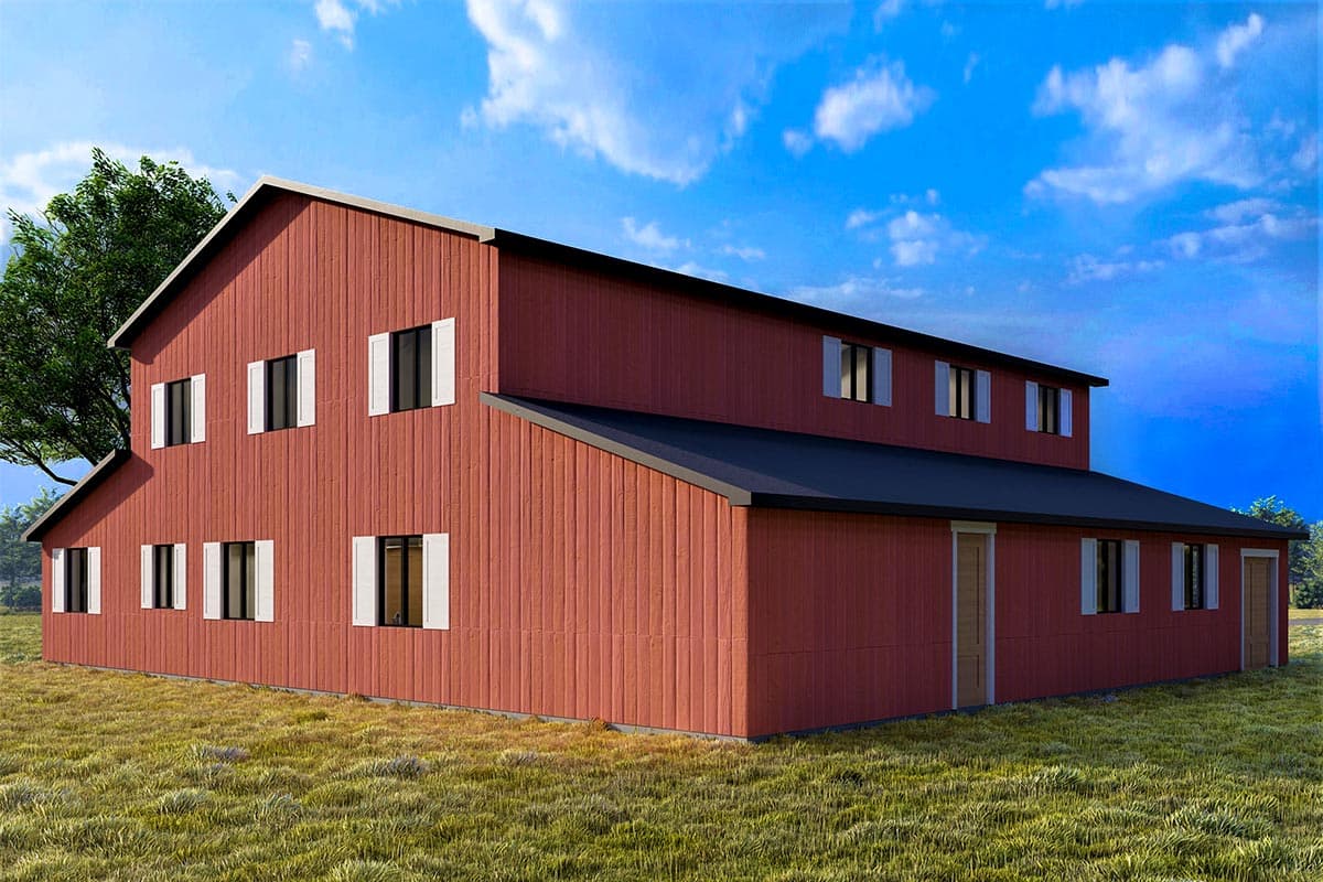 Red two-story house plan exterior with vertical siding, gabled roof, and multiple windows with white shutters.