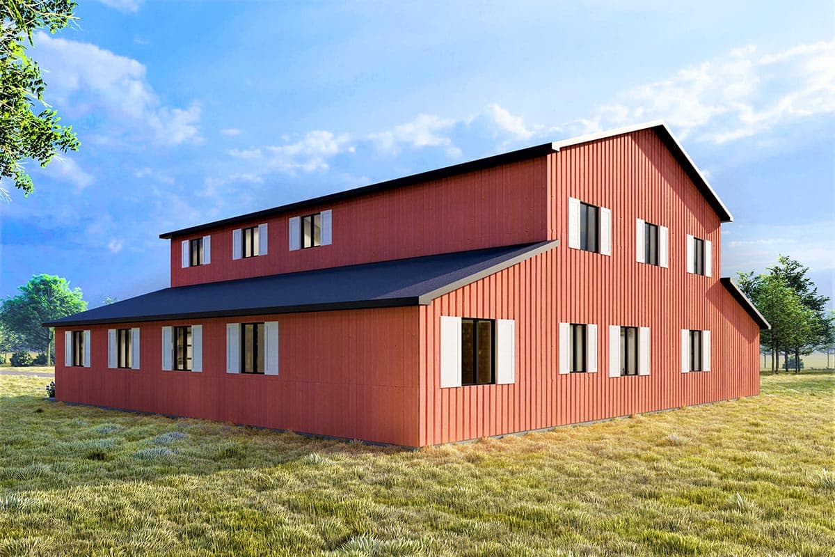 House plan exterior: two-story structure with vertical siding, dark roof, and multiple evenly spaced windows with white shutters.