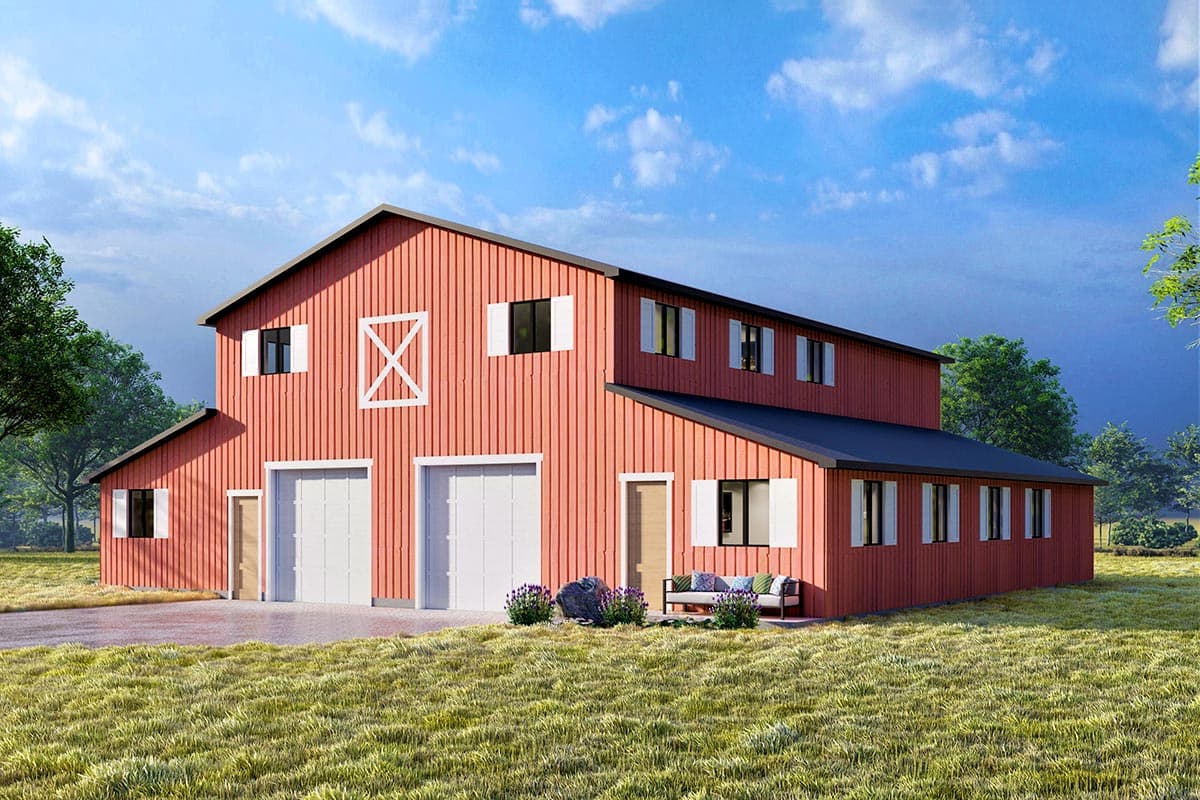 Two-story barn house plan exterior with two garage doors, two entry doors, and multiple windows. Distinctive cross detail on upper gable.