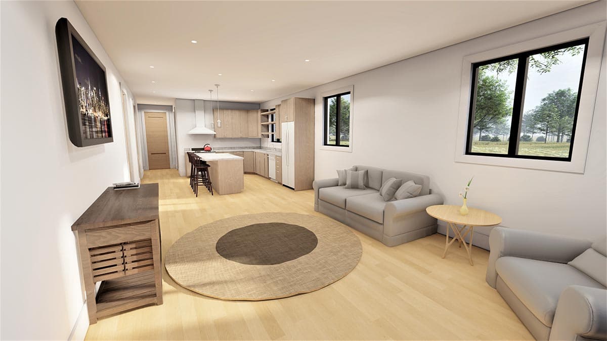 Interior rendering of an open-concept living space with a kitchen island, seating area, and large windows.