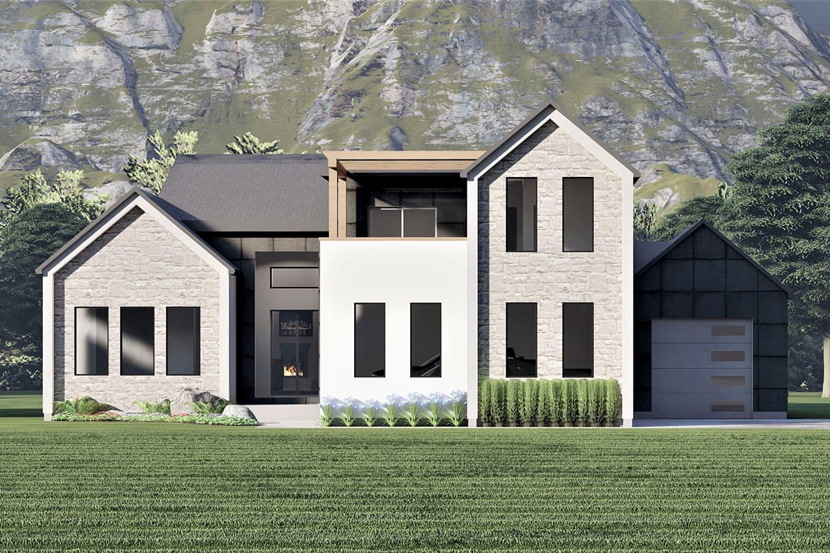 House plan exterior. Two-story with stone facade, gabled roofs, and attached garage. Includes a second-story balcony and dark-framed windows.