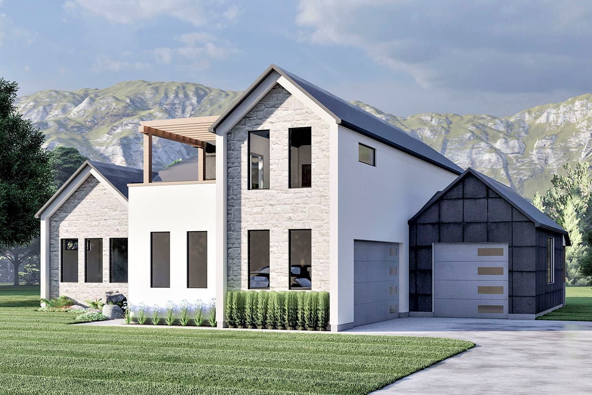 House plan exterior: two-story modern home with stone facade, white stucco, gabled roof, attached garage, and rooftop pergola.