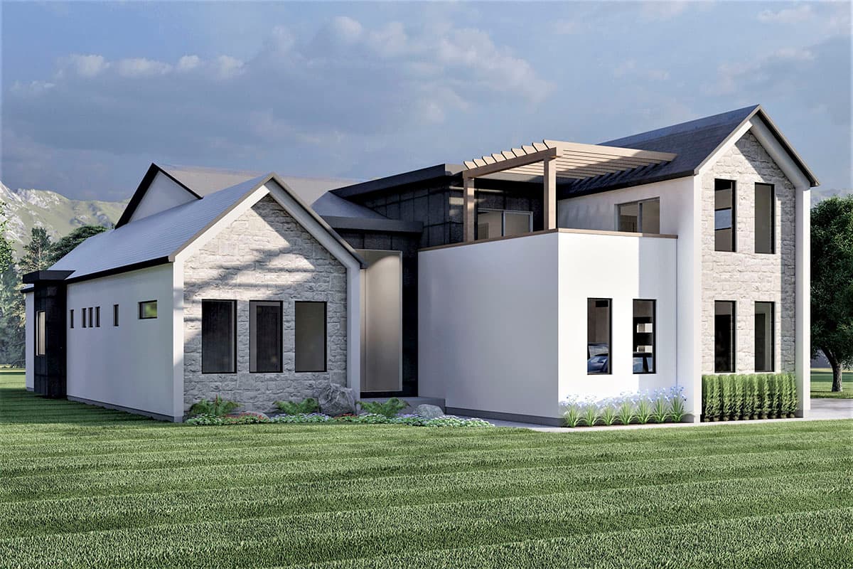 Modern house plan exterior with stone and stucco, multiple gables, and a second-story pergola.
