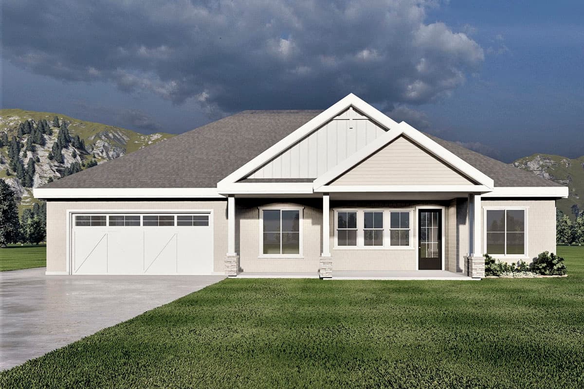 House plan exterior. Single-story, with a gable roof, covered front porch, and an attached garage. Features include a light-colored stucco exterior.