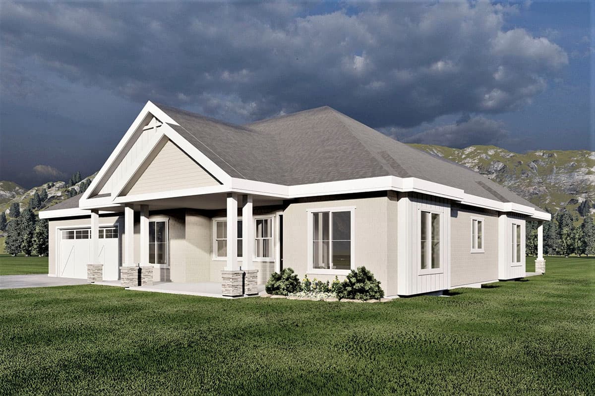 House plan exterior: single-story Modern Farmhouse with gabled entry, covered porch, and side-facing garage.