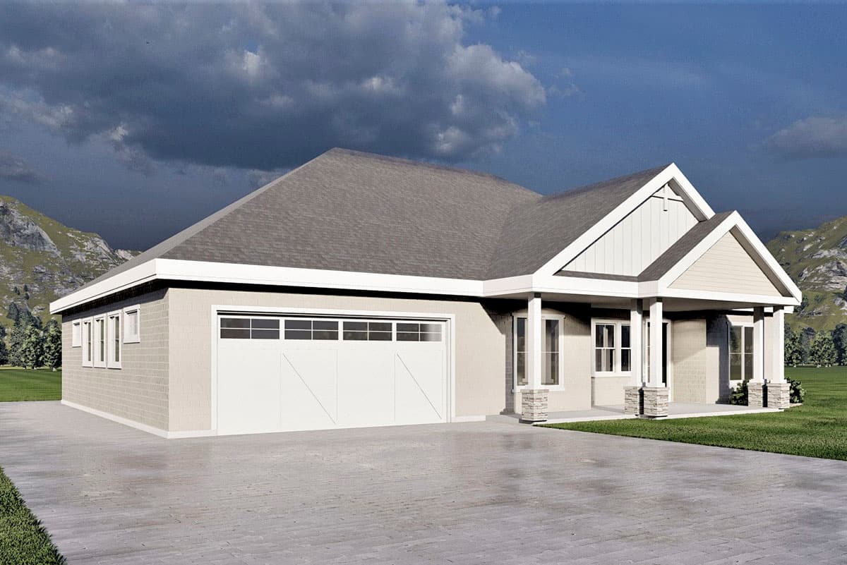 House plan exterior: one-story home with side-entry garage, covered front porch with stone-accented columns and gable rooflines.