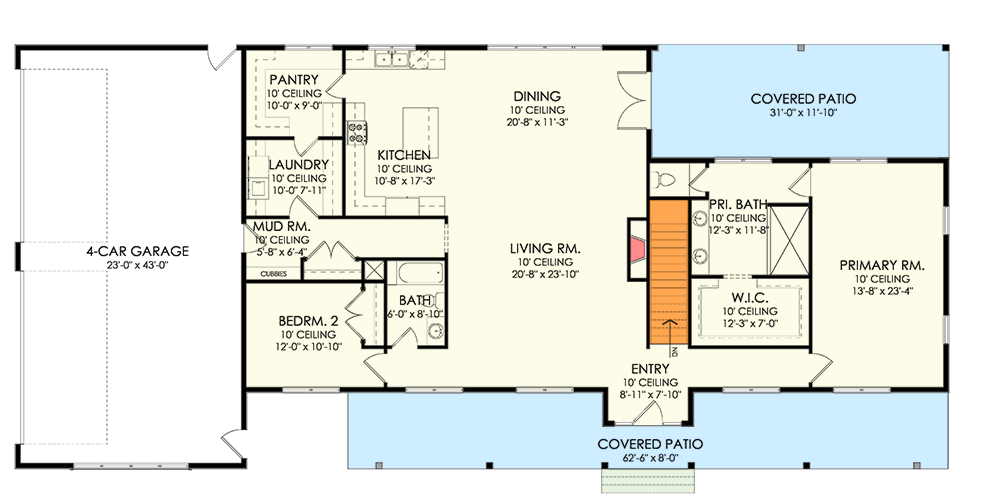 Plan 490074NAH: 2300 Square Foot New American Ranch Home Plan with Lower Level Expansion - Floor Plan - Basement Stairs Location - Country, New American, Ranch