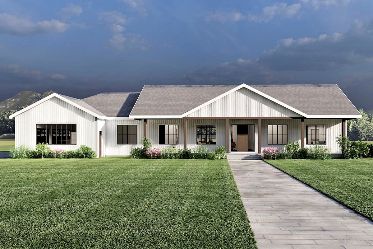 House plan exterior. A single-story, Modern Farmhouse style home with gabled rooflines, covered porch, and board-and-batten siding.