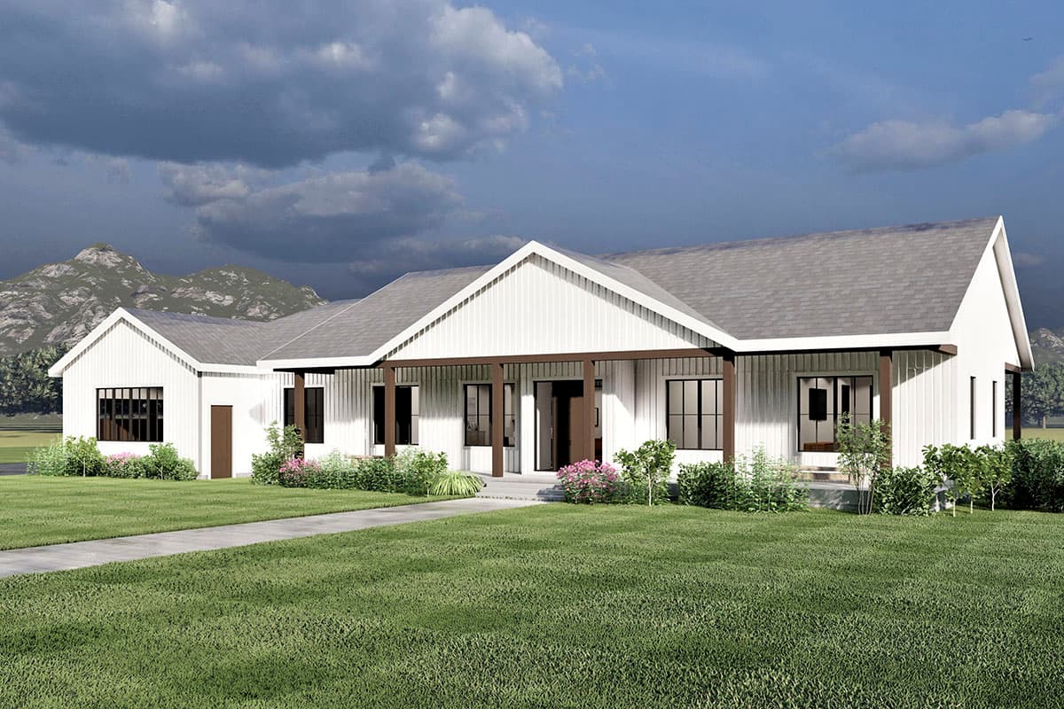 Modern Farmhouse house plan exterior with a covered porch, gables, vertical siding, and large windows.