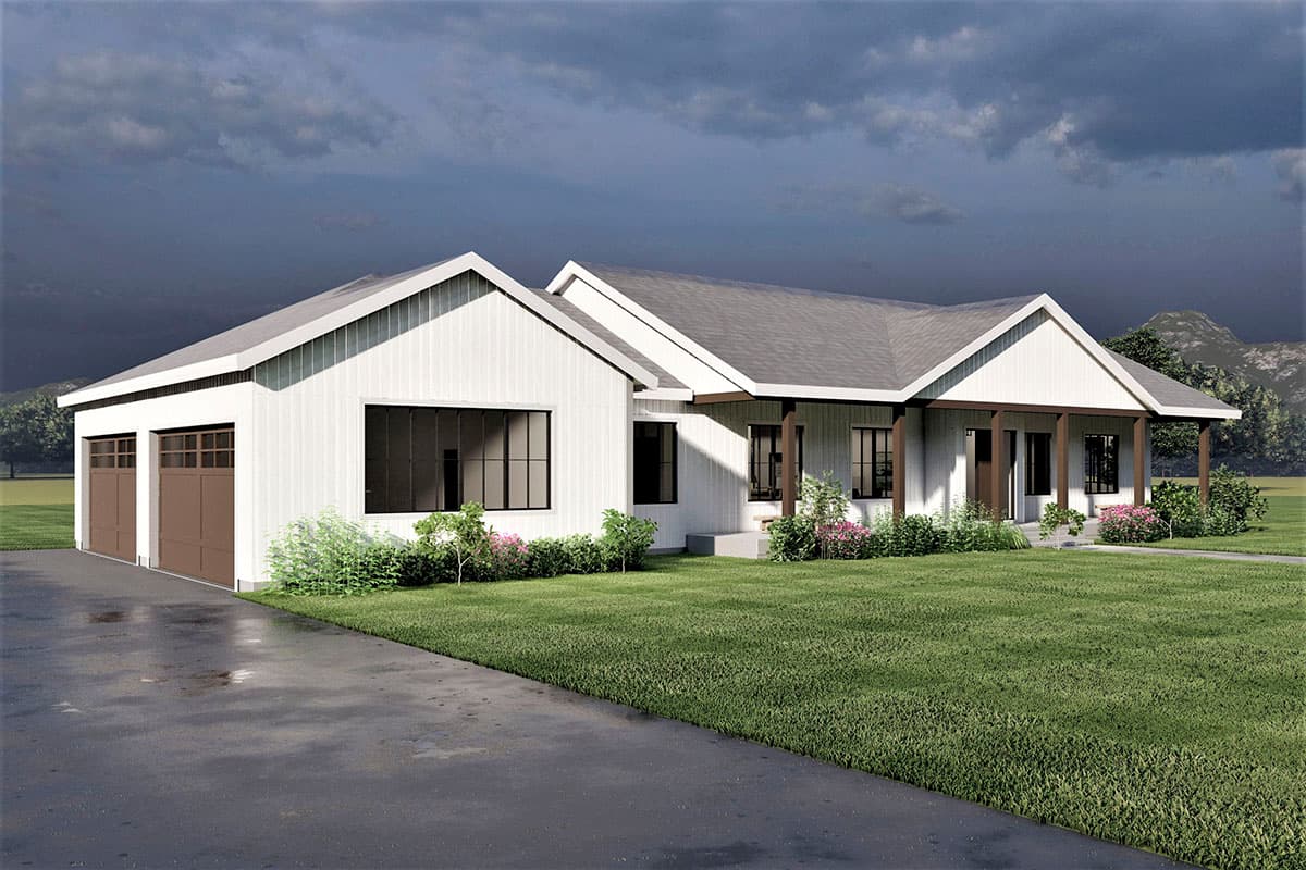 House plan exterior: Modern farmhouse style, one story, with a two-car garage, covered porch with wood columns, and gable rooflines.