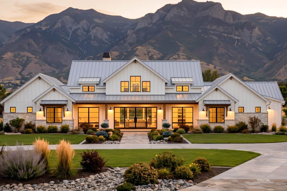 A large white farmhouse with a metal roof and black-framed windows, set against a backdrop of mountains at dusk, with manicured landscaping.