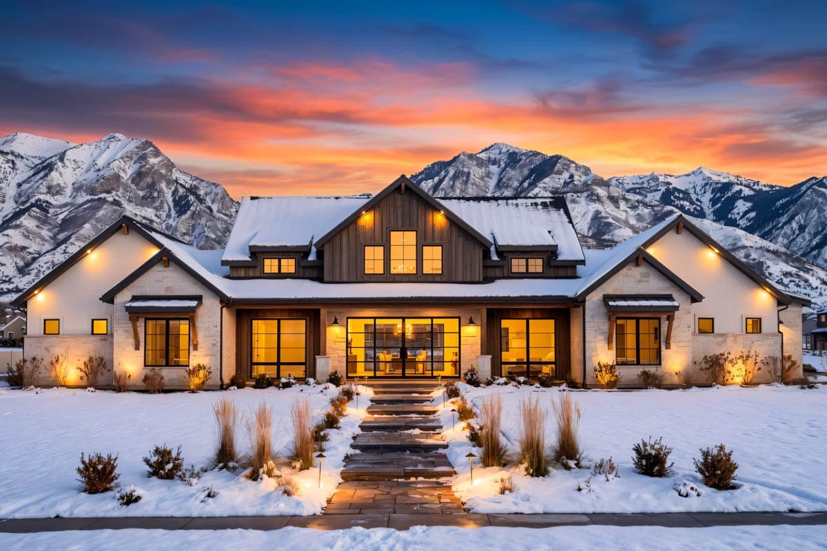 Modern Farmhouse house plan exterior with stone, wood siding, gables, dormers, and large windows.