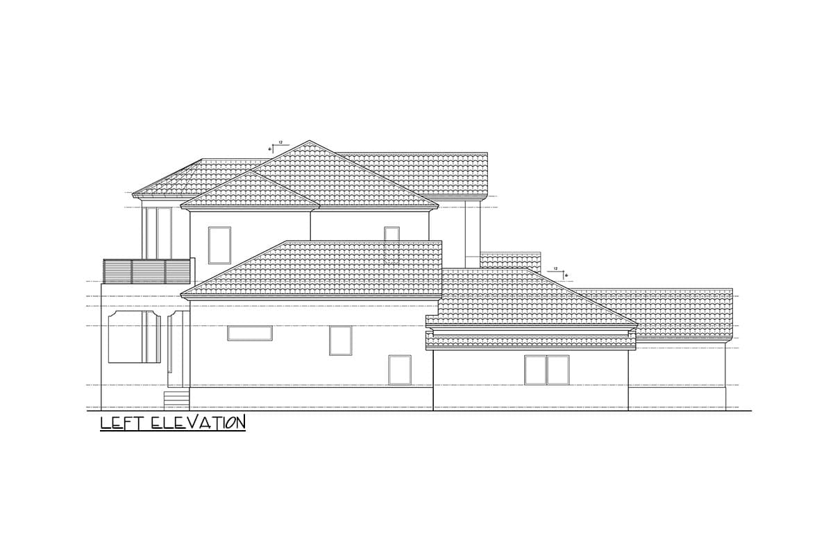 Left elevation drawing of a house plan showing a multi-level roof, covered porch, and balcony.