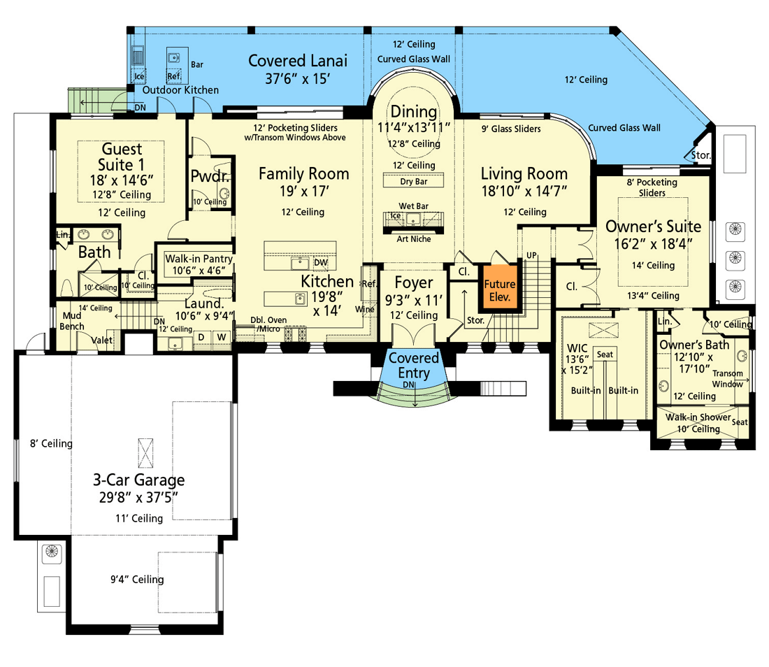 Plan 33252ZR: Mission Style Villa with 5 Bedrooms Plus Bunkroom, Game Room and Oval Office - Floor Plan - Main Level - European, Mediterranean, Transitional