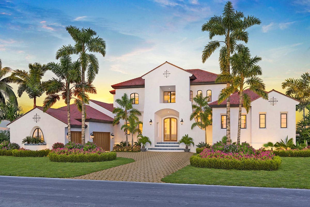 House plan exterior. Two-story Mediterranean style with red tile roof, arched entry, and detached garage. Palm trees and landscaping.