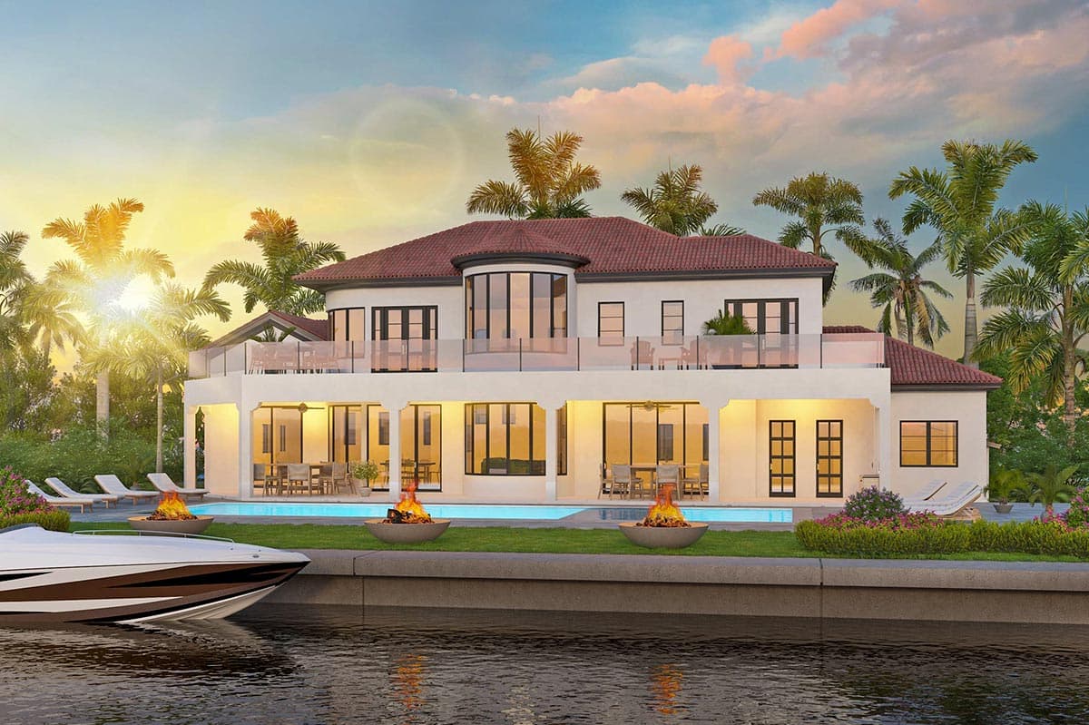 House plan exterior: Two-story Mediterranean style with tile roof, upper balcony, covered lower patio, large windows, and waterfront pool.