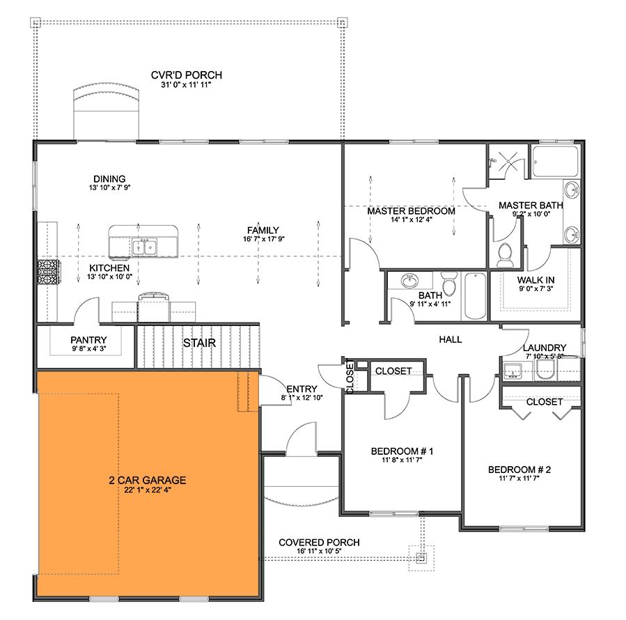 Plan 61409UT: 3-Bed Craftsman Ranch Plan with Vaulted Family Room - Floor Plan - 2-Car Side Garage Option (+$300) - Craftsman, New American, Ranch
