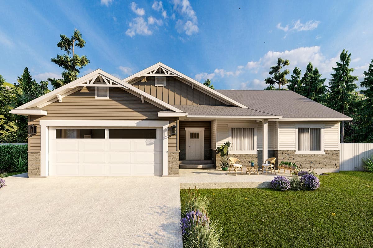 House plan exterior. Craftsman style, single-story house with gables, stone veneer, and attached garage. Includes a covered porch.