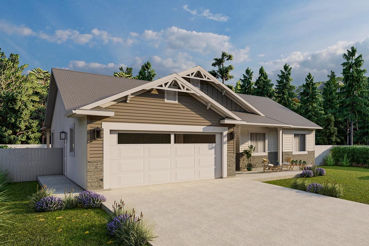 House plan exterior: Modern Farmhouse style, one-story with prominent gables, horizontal siding, stone accents, and a two-car garage.