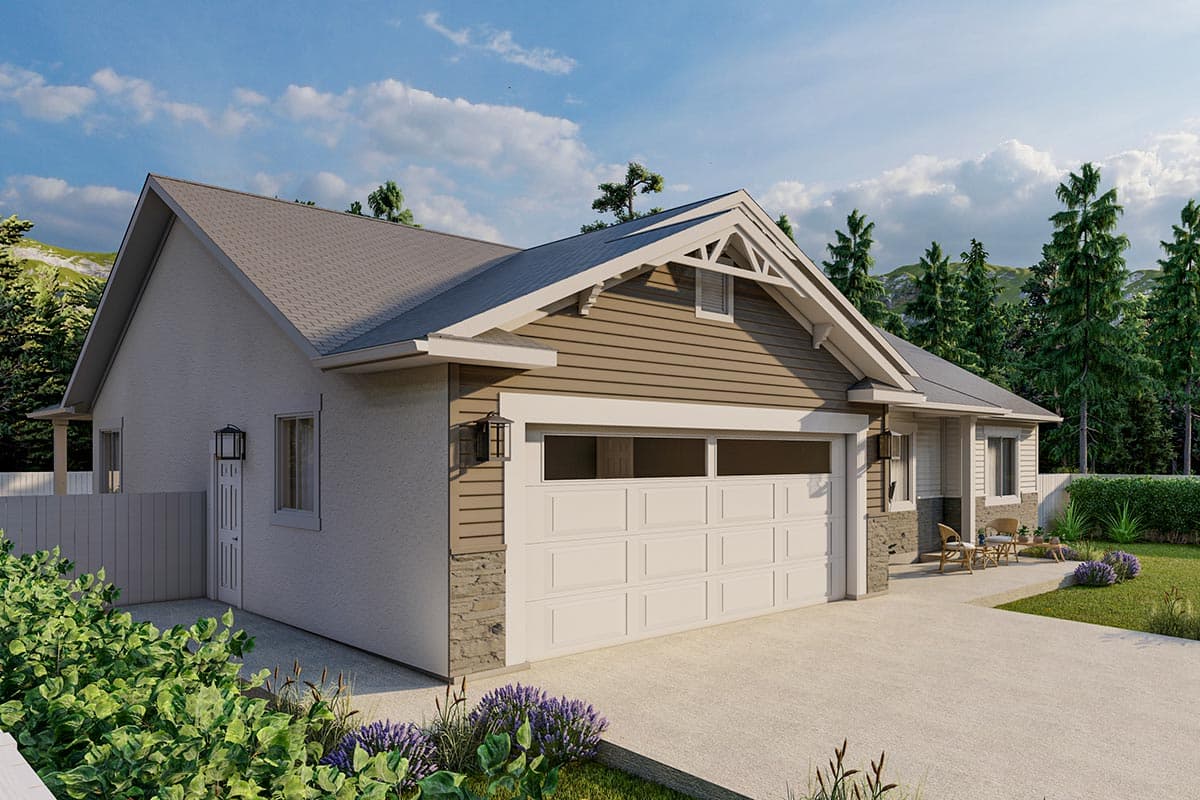 House plan exterior: One-story ranch with gable dormer, stone accents, siding, and a two-car garage.