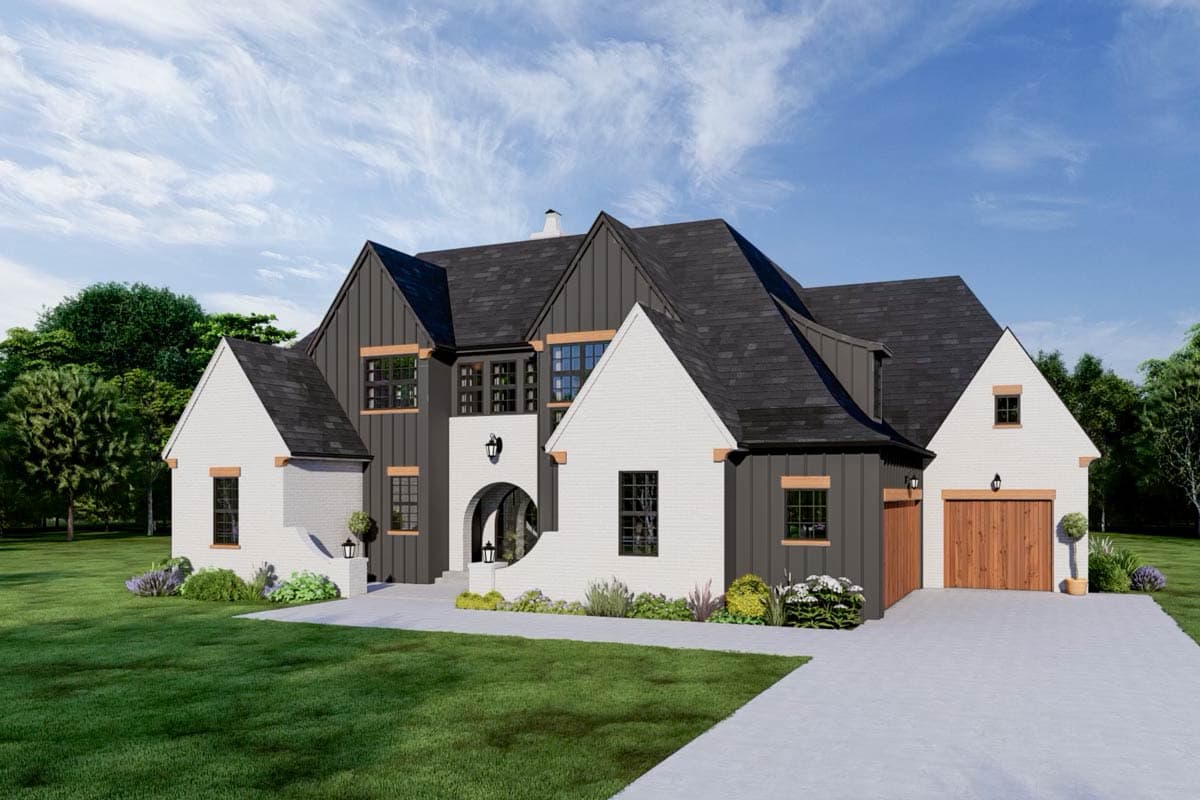 House plan exterior: Modern Farmhouse style, two stories, white brick, dark siding, gables, arched entryway, and wood garage door.