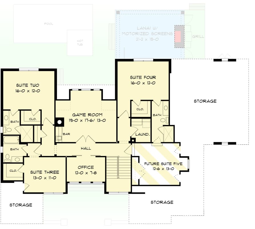 Plan 93052EL: 4-Bed European Transitional Home Plan with Pool Concept and Home Office - 3717 Sq Ft - Floor Plan - 2nd Floor - Country, European, French Country, New American, Transitional