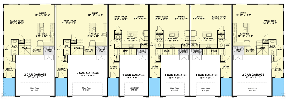 Plan 61390UT: 6-Unit Multiplex House Plan with Mix of 2110 and 1664 Square Foot 3 Bed Units - Floor Plan - Main Level