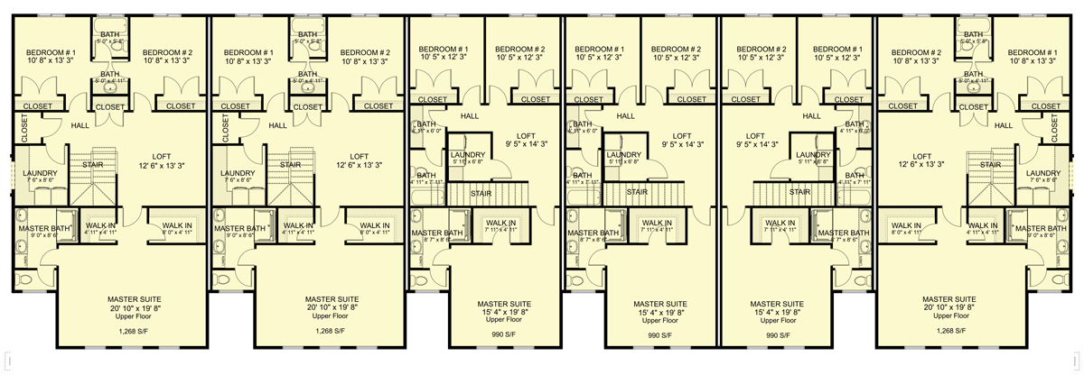 Plan 61390UT: 6-Unit Multiplex House Plan with Mix of 2110 and 1664 Square Foot 3 Bed Units - Floor Plan - 2nd Floor