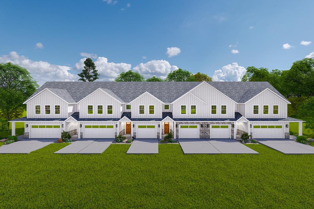 House plan exterior rendering of two-story Modern Farmhouse townhomes. Features include gabled roofs, front-entry garages, and covered porches.