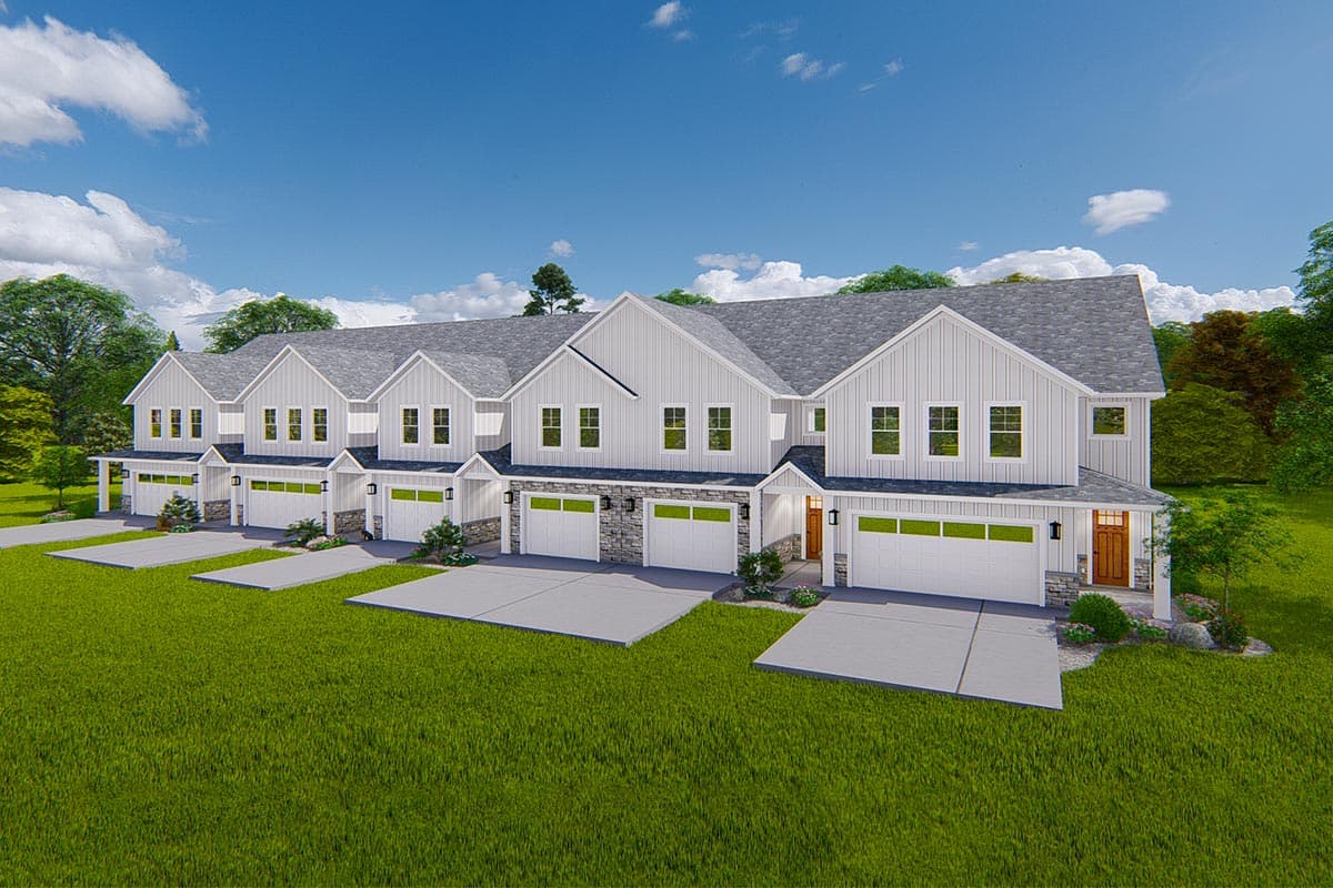 Modern Farmhouse style house plan exterior with multiple units, gabled roofs, vertical siding, stone accents, and attached garages.