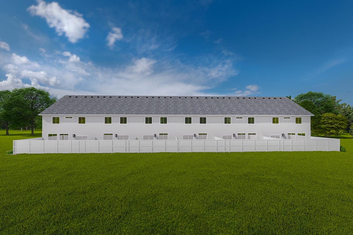 House plan exterior: Two-story, minimalist row houses with pitched roofs, a low white fence, and green lawns.