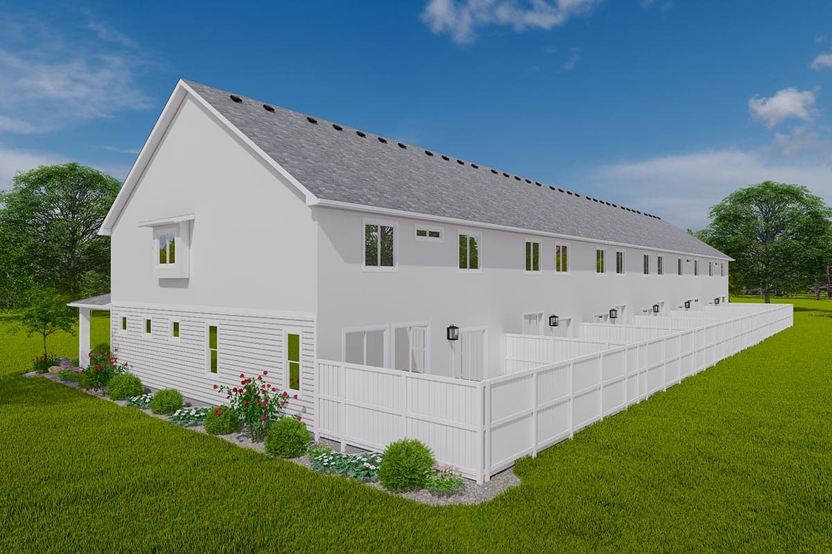 House plan exterior of a two-story modern farmhouse style townhouse with a gabled roof, multiple windows, and a white vinyl fence.