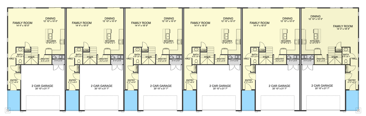 Plan 61391UT: 6-Family House Plan with Matching 2110 Square Foot 3-Bed, 2.5 Bath Units - Floor Plan - Main Level (All-Unit View) - Craftsman, New American, Traditional