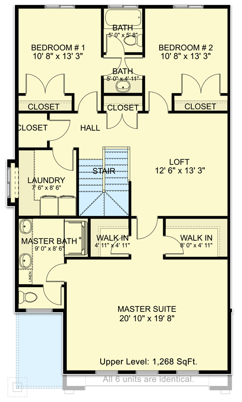 Plan 61391UT: 6-Family House Plan with Matching 2110 Square Foot 3-Bed, 2.5 Bath Units - Floor Plan - Upper Level (Single-Unit Detail View) - Craftsman, New American, Traditional