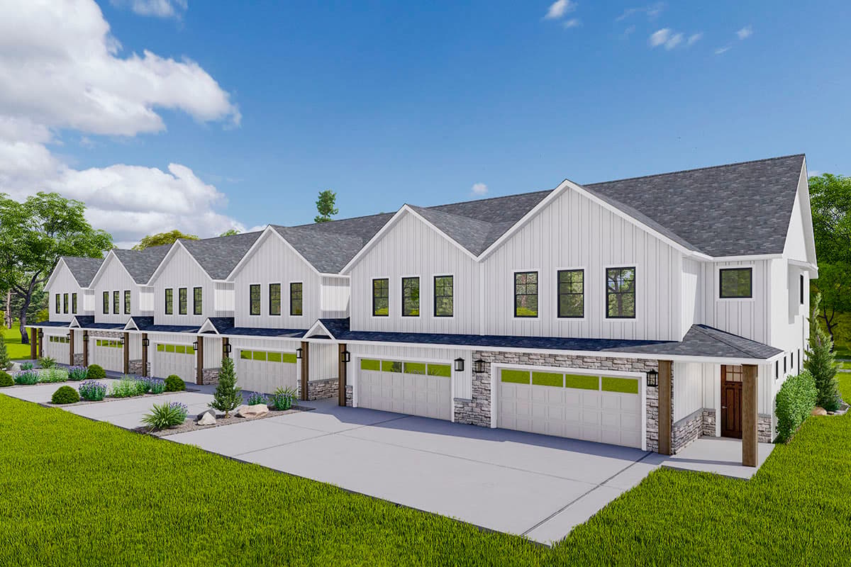 Modern Farmhouse house plan exterior with gabled dormers, white vertical siding, and attached garages.