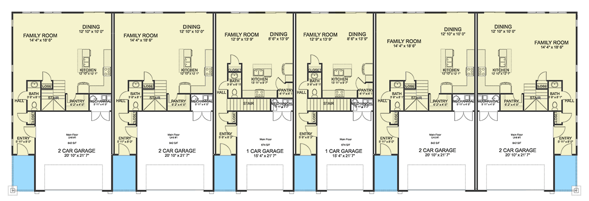 Plan 61392UT: 6-Unit Multiplex House Plan with 4 Larger Units and 2 Smaller 3-Bed Units - Floor Plan - Main Level (All-Unit View) - Craftsman, New American, Traditional