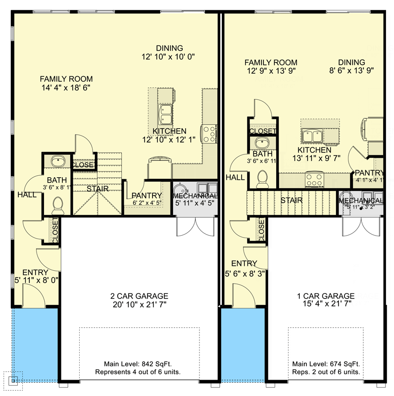 Plan 61392UT: 6-Unit Multiplex House Plan with 4 Larger Units and 2 Smaller 3-Bed Units - Floor Plan - Main Level (2-Unit Detail View) - Craftsman, New American, Traditional