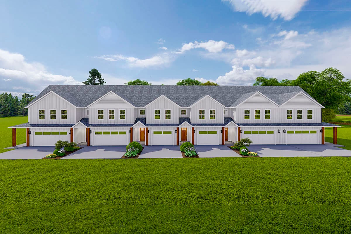 House plan exterior. Modern farmhouse style with gabled roofs, multiple garage bays, and covered entry porches. Two stories.