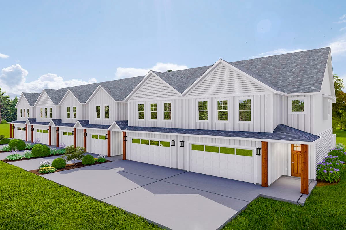 Townhome house plan exterior with multiple garages, gabled dormers, and white vertical siding.