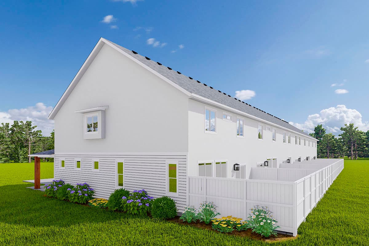 House plan exterior rendering of a two-story Modern Farmhouse style building with a gable roof, white siding, and multiple windows.