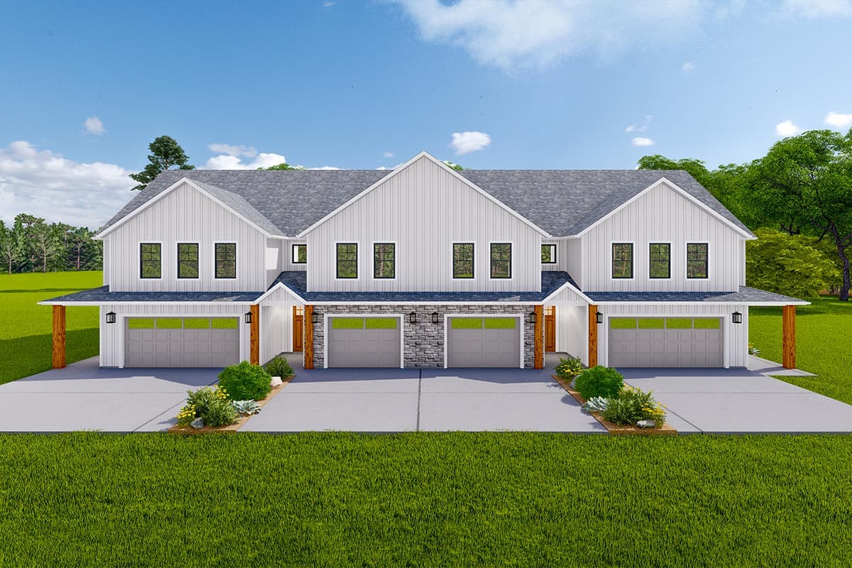 House plan exterior rendering. Modern farmhouse style, two-story structure with gable roof, covered porch, and attached garages.