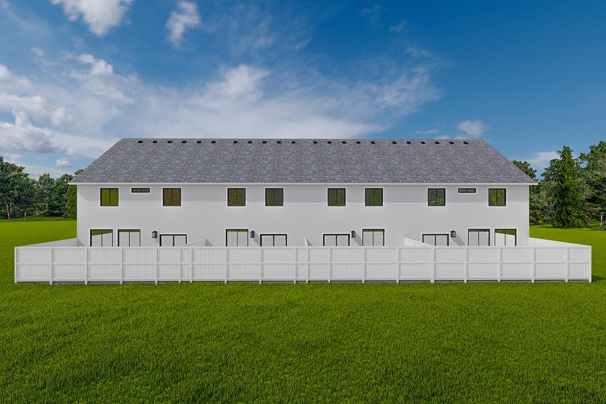 House plan exterior of a two-story Modern Farmhouse with multiple units, symmetrical windows, and fenced backyards.